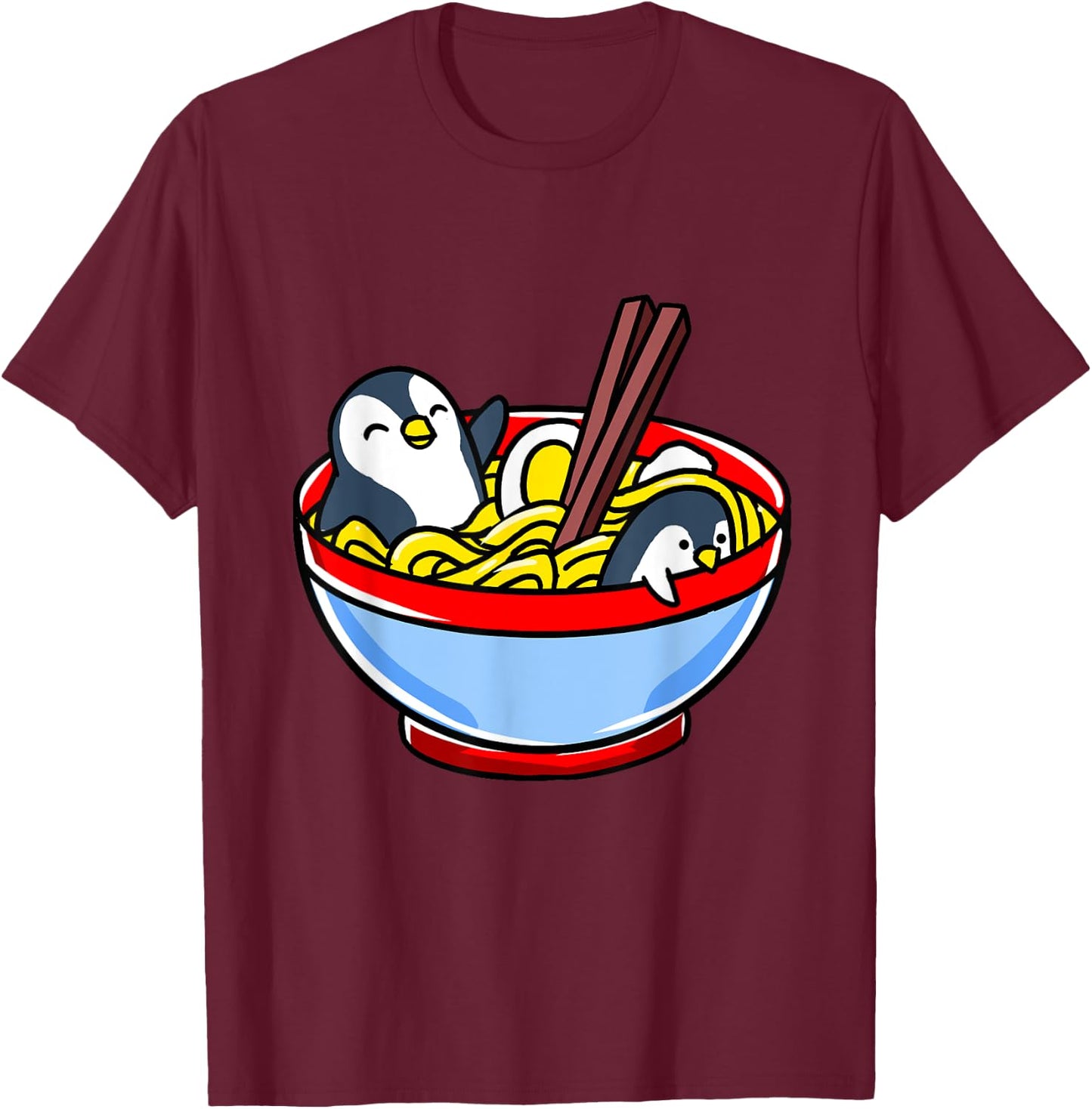 Kawaii Penguin Ramen Noodle T-Shirt - T-Shirt | Maroon