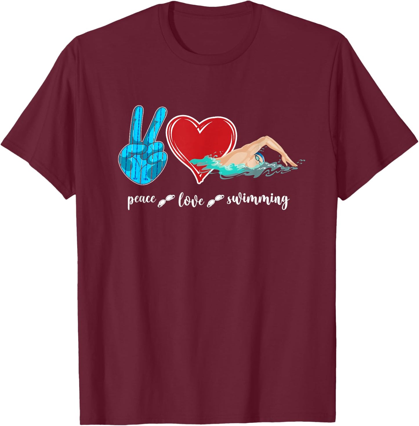 Swimmer Swim Peace Love Swimming Heart T-Shirt - T-Shirt | Maroon