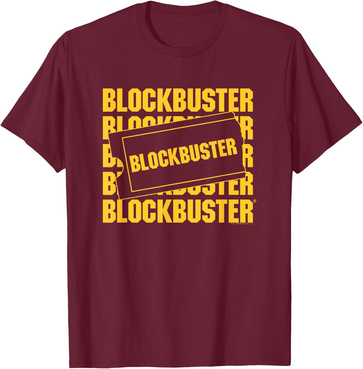 Blockbuster Repeating Logo with Ticket T-Shirt - T-Shirt | Maroon