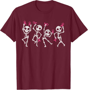 Pink Ribbon Breast Cancer Awareness Skeleton Women Men Kids T-Shirt - T-Shirt | Maroon
