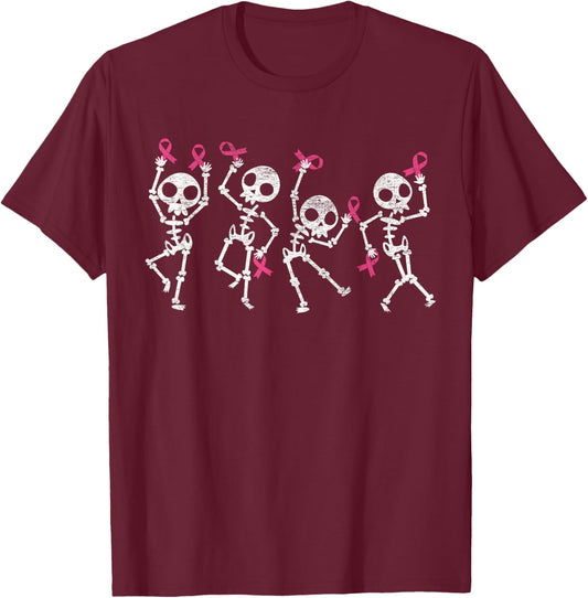 Pink Ribbon Breast Cancer Awareness Skeleton Women Men Kids T-Shirt - T-Shirt | Maroon