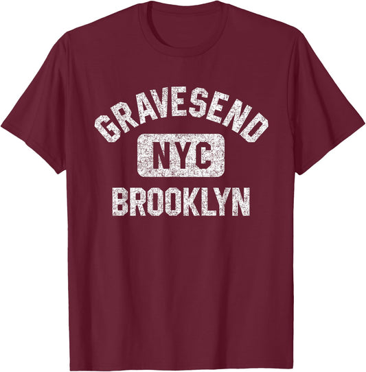 Gravesend Brooklyn NYC Gym Style Distressed White Print T-Shirt - T-Shirt | Maroon