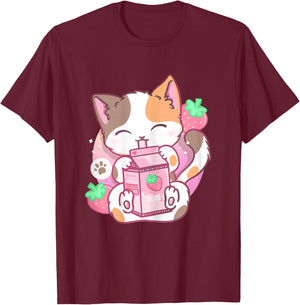 Strawberry Shake Strawberry Milk Cat Kawaii Neko Anime T-Shirt - T-Shirt | Maroon