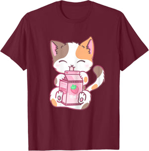 Strawberry Shake Strawberry Milk Cat Kawaii Neko Anime T-Shirt - T-Shirt | Maroon