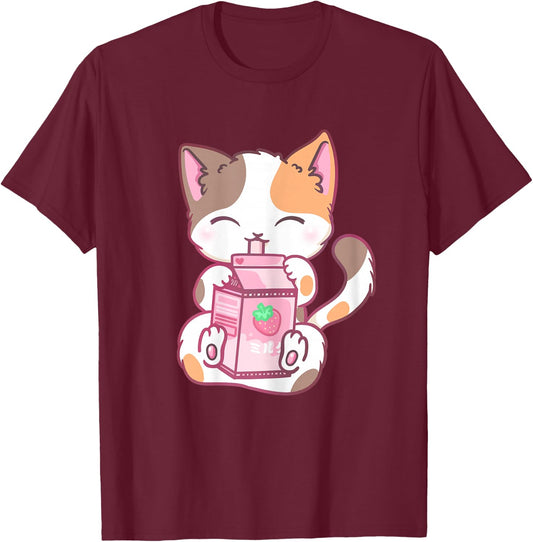 Strawberry Shake Strawberry Milk Cat Kawaii Neko Anime T-Shirt - T-Shirt | Maroon