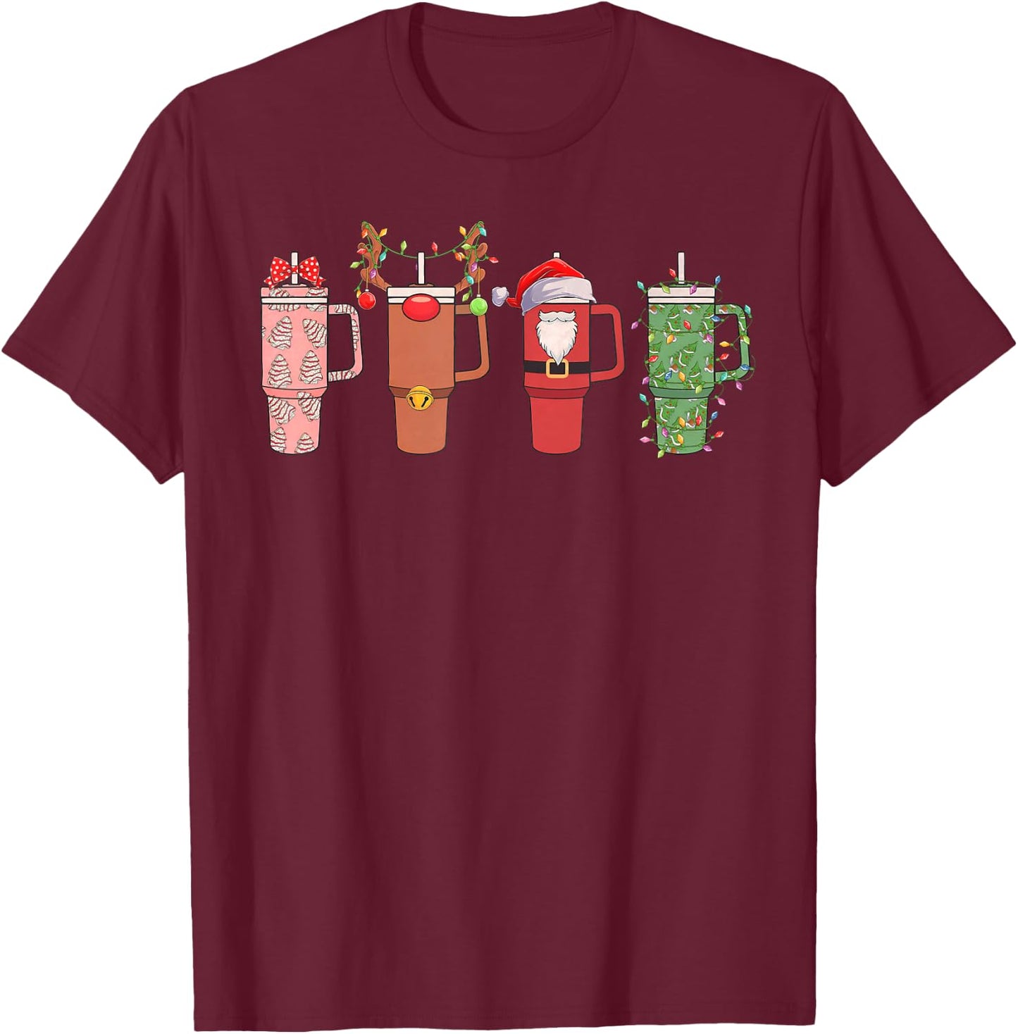 Santa Reindeer Stanley Tumbler Christmas Xmas Pajamas Funny T-Shirt - T-Shirt | Maroon