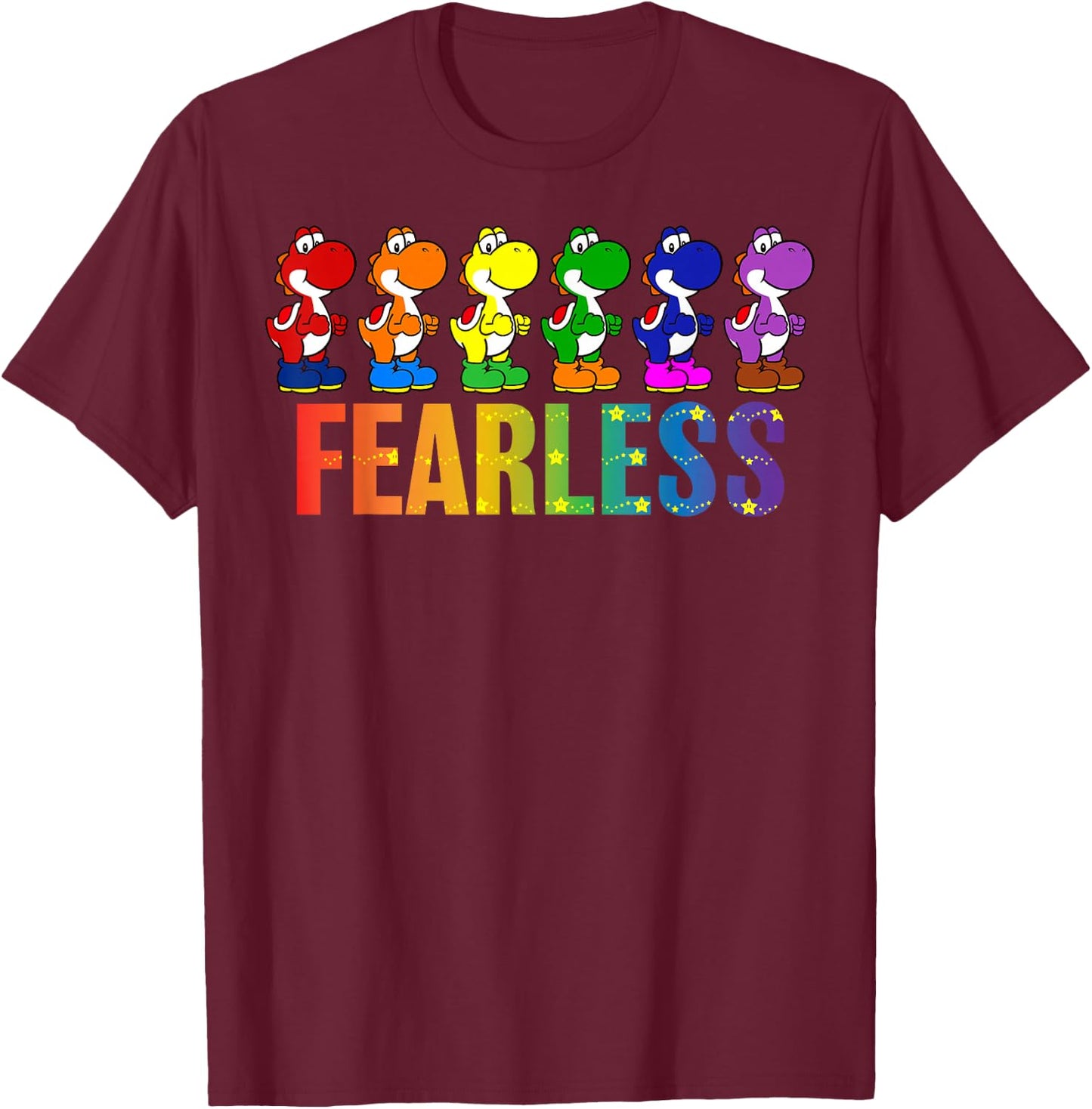 Super Mario Bros Pride Yoshi Fearless Rainbow Line Up T-Shirt - T-Shirt | Maroon