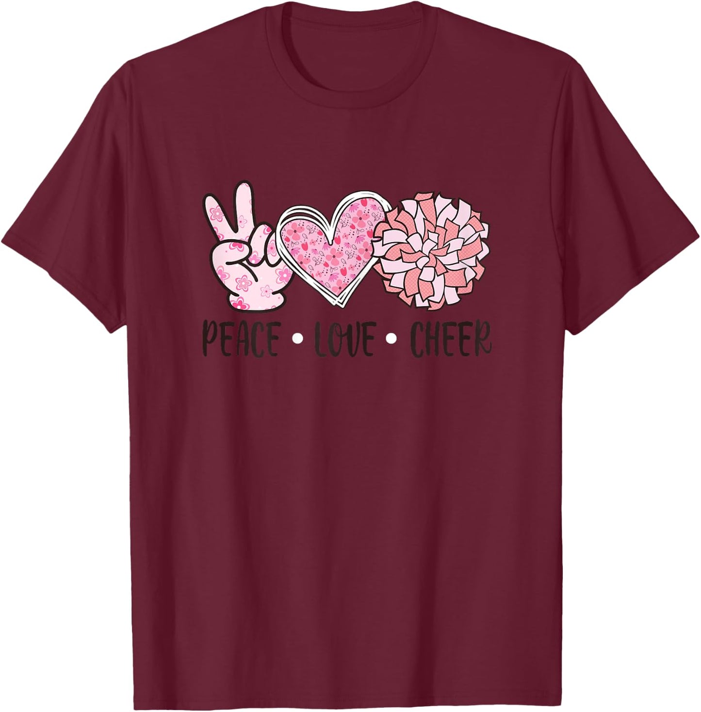 Cheerleading Shirt Girls Peace Love Cheer Cheerleader Women T-Shirt - T-Shirt | Maroon