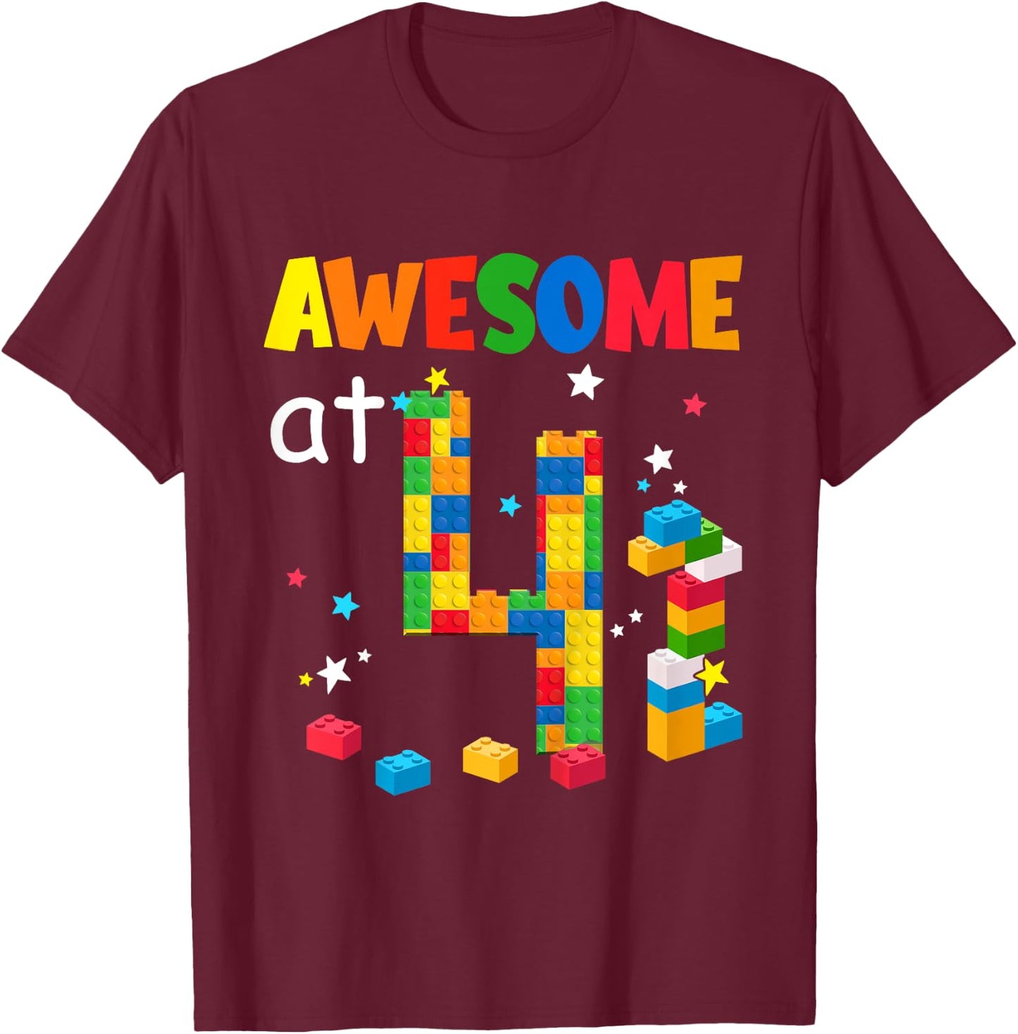 Kids Building Blocks Bricks Awesome at 4 Years Old Birthday Boy T-Shirt - T-Shirt | Maroon