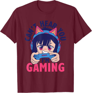 Can't Hear You I'm Gaming Funny Gamer Anime Cartoon Graphic T-Shirt - T-Shirt | Maroon