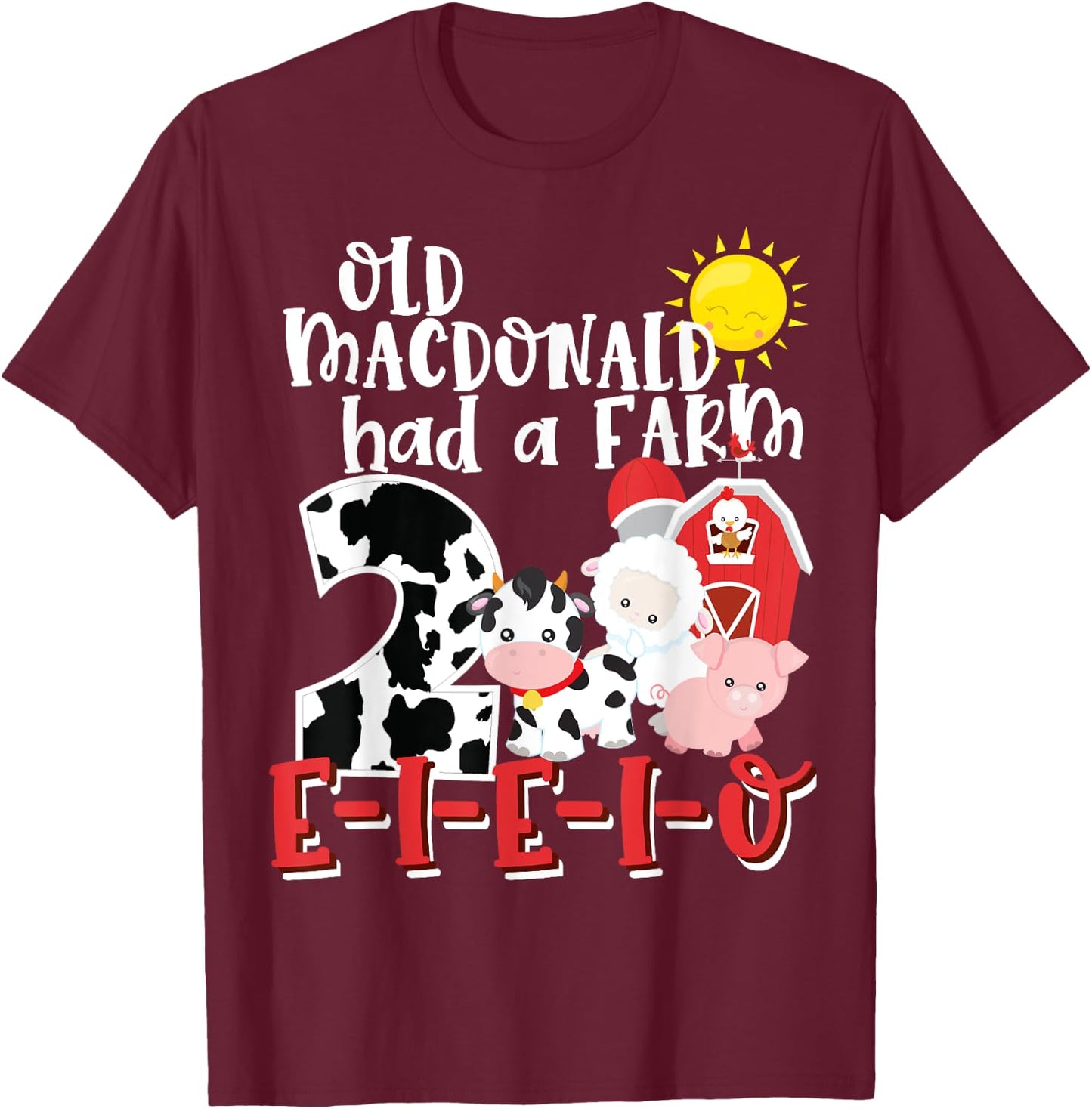 Old MacDonald Farm 2nd Birthday 2 Year Old Birthday Boy Girl T-Shirt - T-Shirt | Maroon