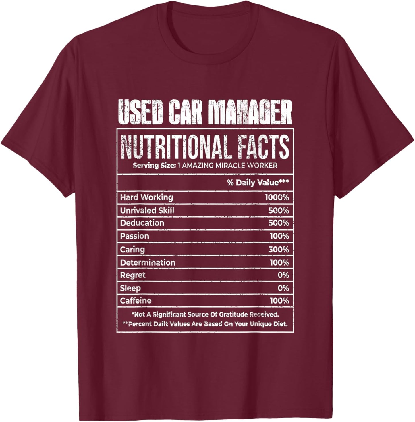 Nutritional Facts Used Car Manager Job Tittle T-Shirt - T-Shirt | Maroon