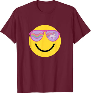 Emoticon Smiling Face With Unicorn Sunglasses T-Shirt - T-Shirt | Maroon