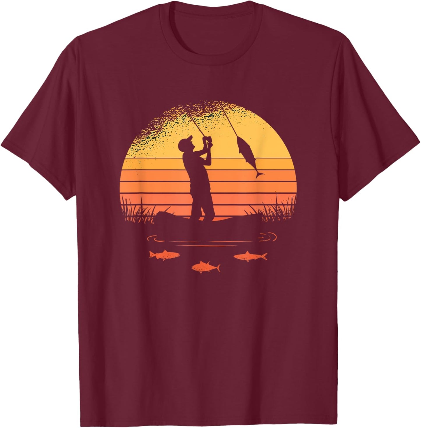 Fisherman Sunset catching a fish & view beneath the water T-Shirt - T-Shirt | Maroon