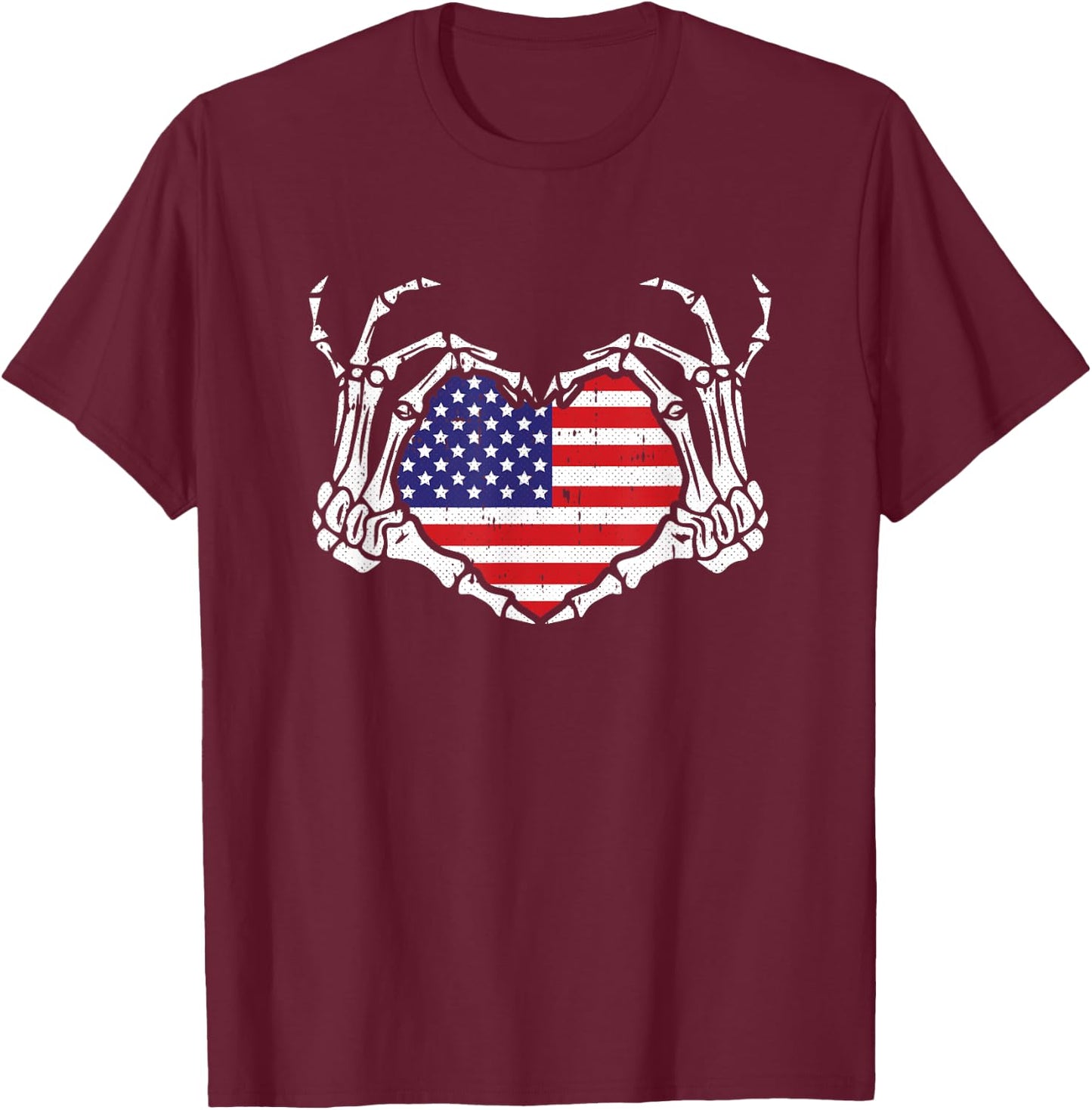 Skeleton Hand Heart 4th Of July Love American Flag Patriotic T-Shirt - T-Shirt | Maroon