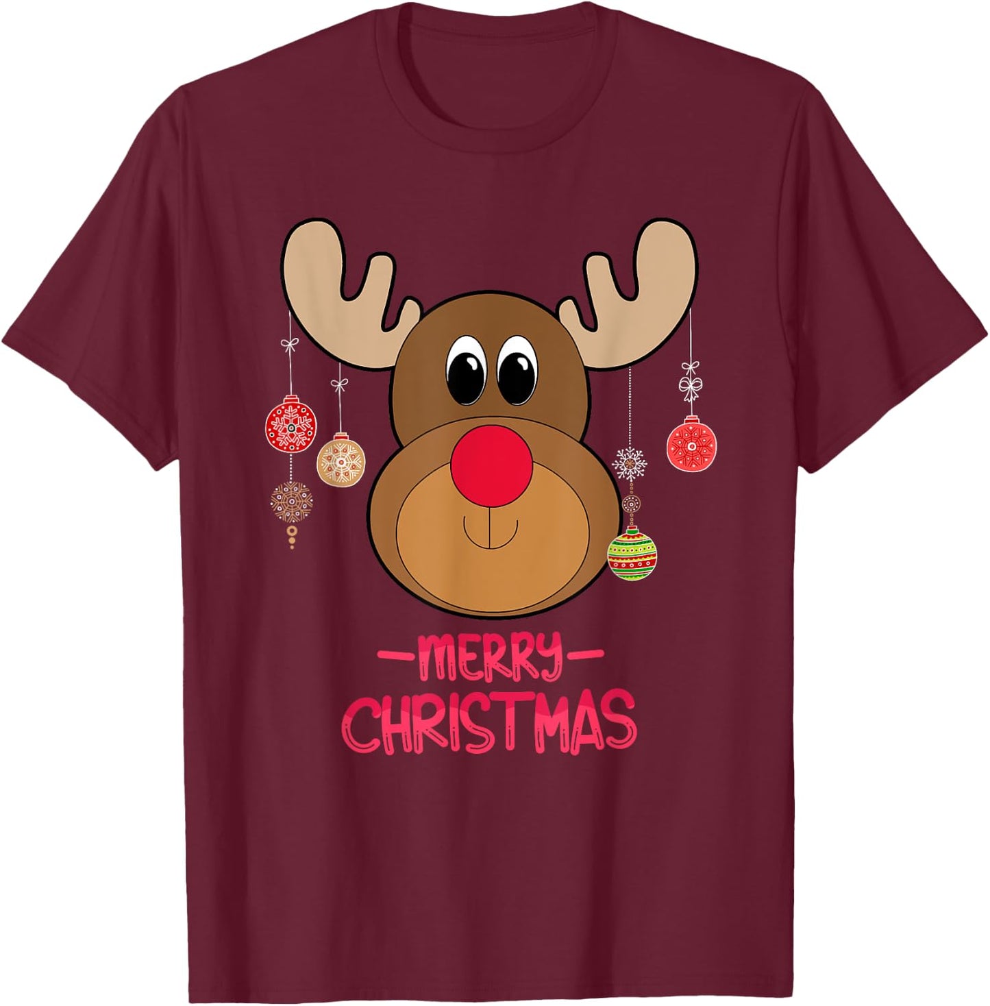 Rudolph Red Nose Reindeer Cute Santa Christmas T-Shirt - T-Shirt | Maroon