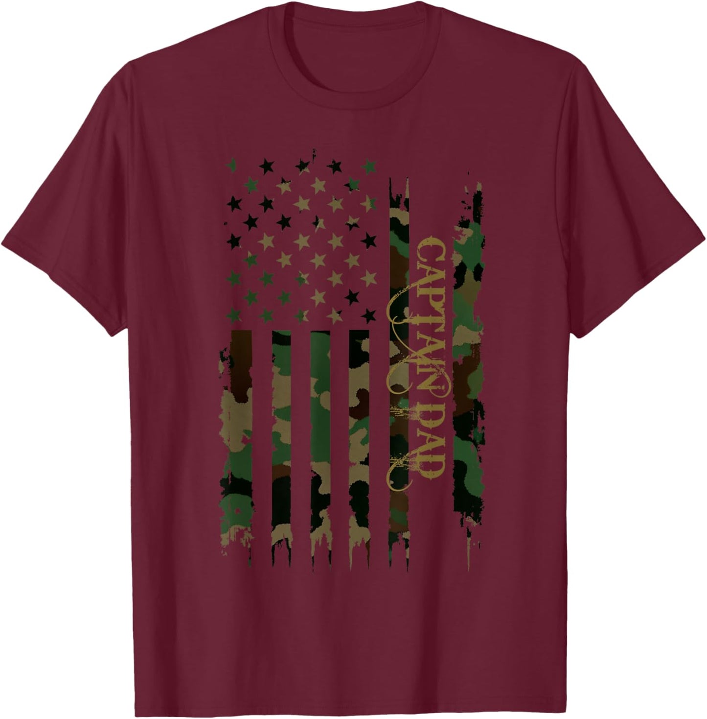 Captain Dad United States Distressed Camo w US Flag T-Shirt - T-Shirt | Maroon