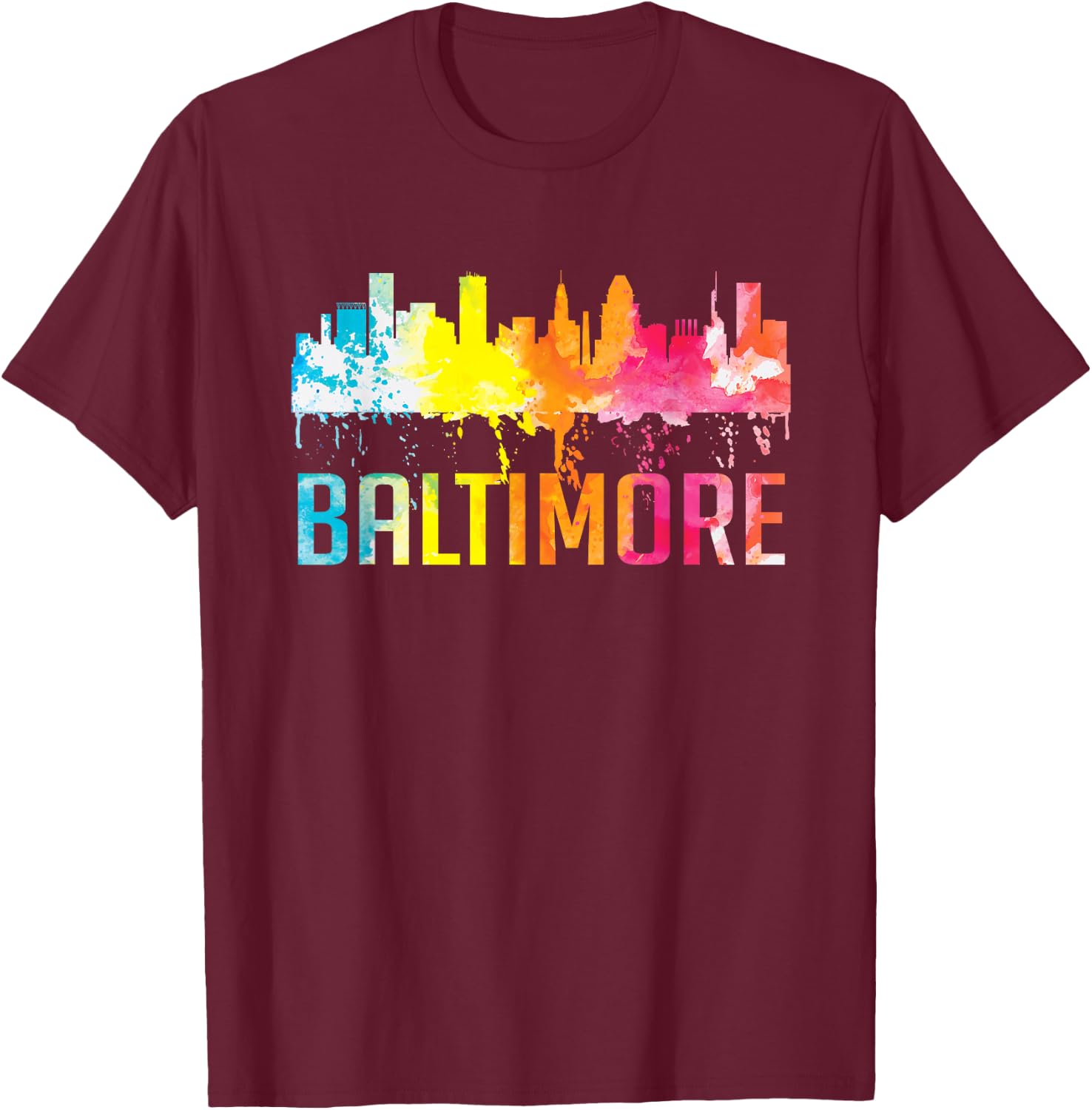 Baltimore Maryland Retro Watercolor Skyline Art Souvenir T-Shirt - T-Shirt | Maroon