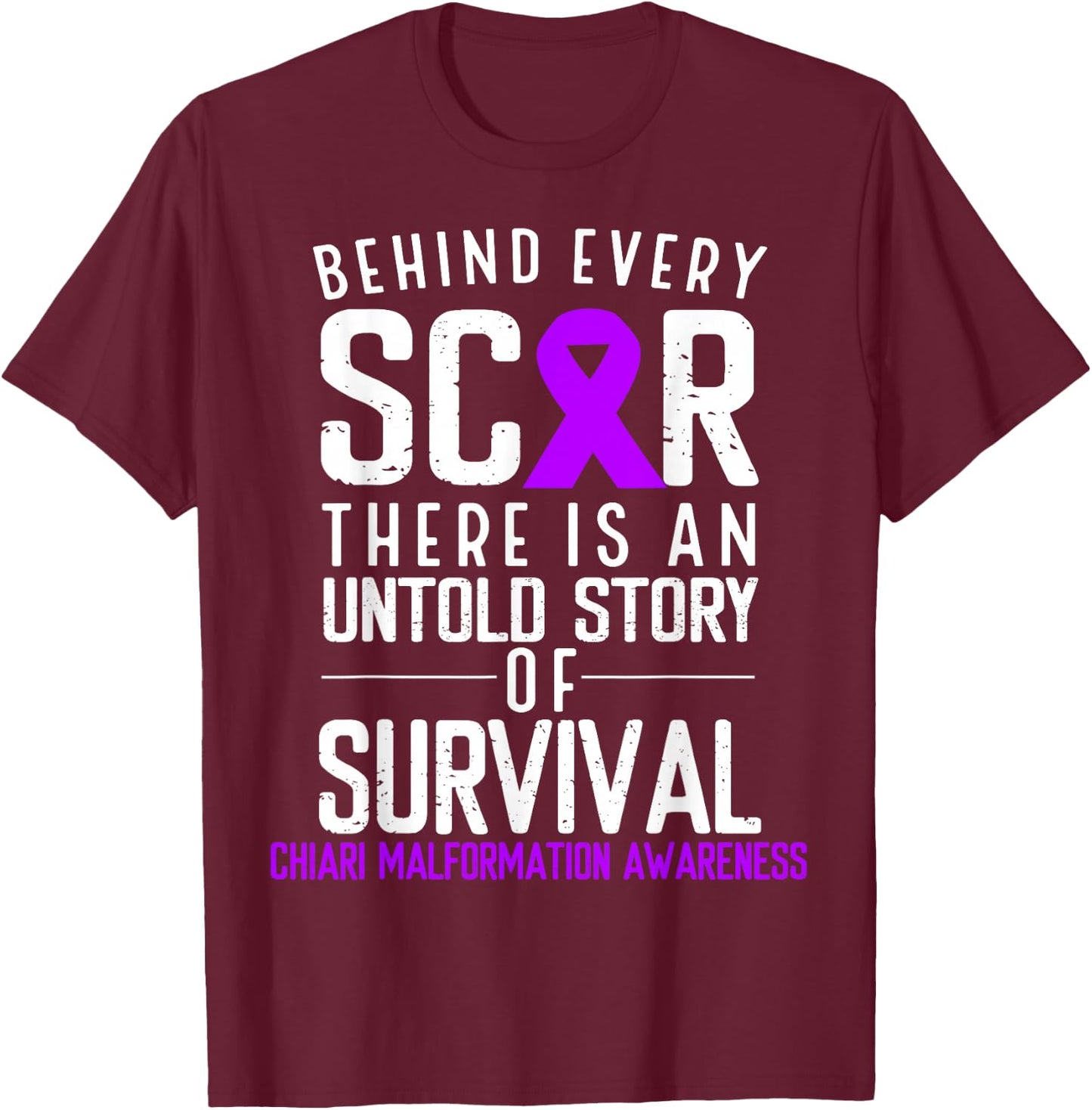 Purple Ribbon Behind Scar Chiari Malformation Awareness T-Shirt - T-Shirt | Maroon