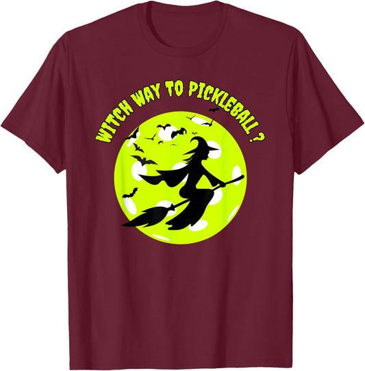 Pickleball Witch on Broom Pickleball Players Halloween Funny T-Shirt - T-Shirt | Maroon