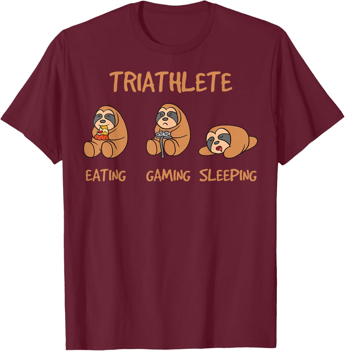 Gamer Triathlete Funny Gaming Sloth Playing Video Game Nerd T-Shirt - T-Shirt | Maroon