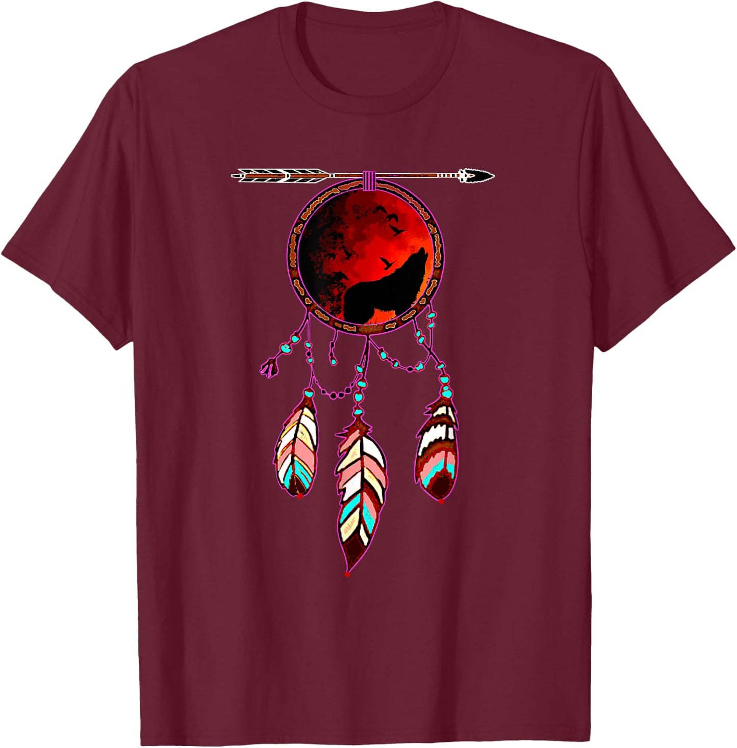 Native American Timber Wolf Dream Catcher Indian Tribal Gift T-Shirt - T-Shirt | Maroon