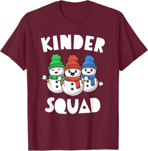 Kinder Squad Kindergarten Christmas Shirt Teacher Snowmies T-Shirt - T-Shirt | Maroon