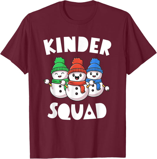 Kinder Squad Kindergarten Christmas Shirt Teacher Snowmies T-Shirt - T-Shirt | Maroon
