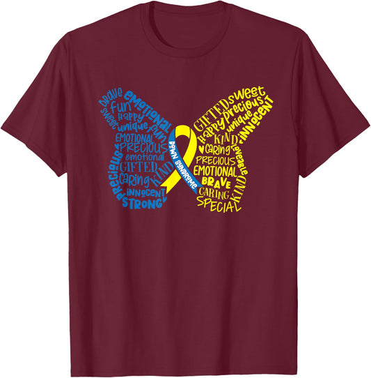 Down Syndrome Awareness Month Butterfly Word Cloud T-Shirt - T-Shirt | Maroon