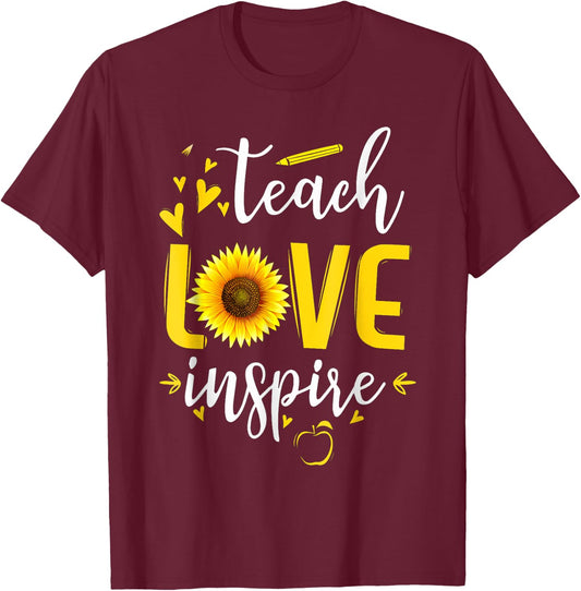 Back to School Teach Love And Inspire Teacher Sunflower Men Women Girls Kids T-Shirt - T-Shirt | Maroon