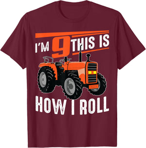 Funny Tractor 9th Birthday Gift | Cute 9 Years Old Boy Girl T-Shirt - T-Shirt | Maroon