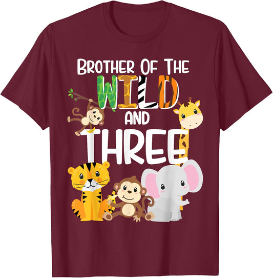 Brother of the Wild and 3 Zoo Theme Birthday Safari Jungle T-Shirt - T-Shirt | Maroon