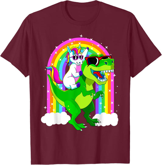 Unicorn Riding Trex Dinosaur T Rex Girls Boys Kids Men Women T-Shirt - T-Shirt | Maroon