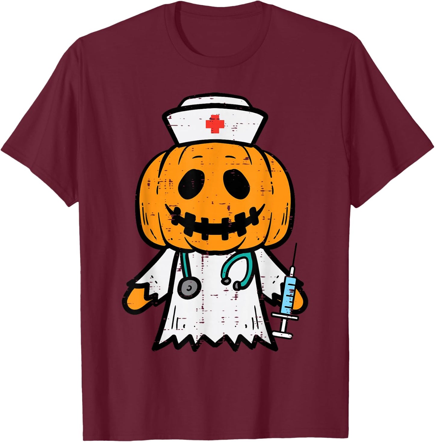 Halloween Pumpkin Nurse Cute ER Nicu Costume Scrub Top Women T-Shirt - T-Shirt | Maroon