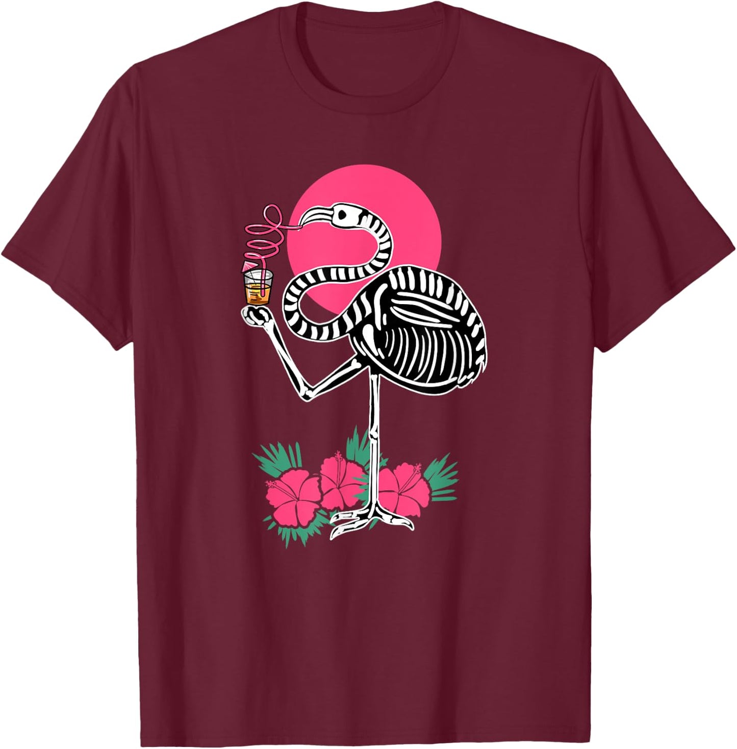 Thirsty Skeleton Flamingo Animal Tropical Bird Halloween T-Shirt - T-Shirt | Maroon