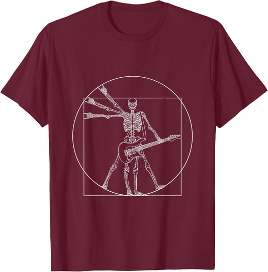 Guitar Shirt Da Vinci Skeleton Vitruvian Man Guitar Player T-Shirt - T-Shirt | Maroon