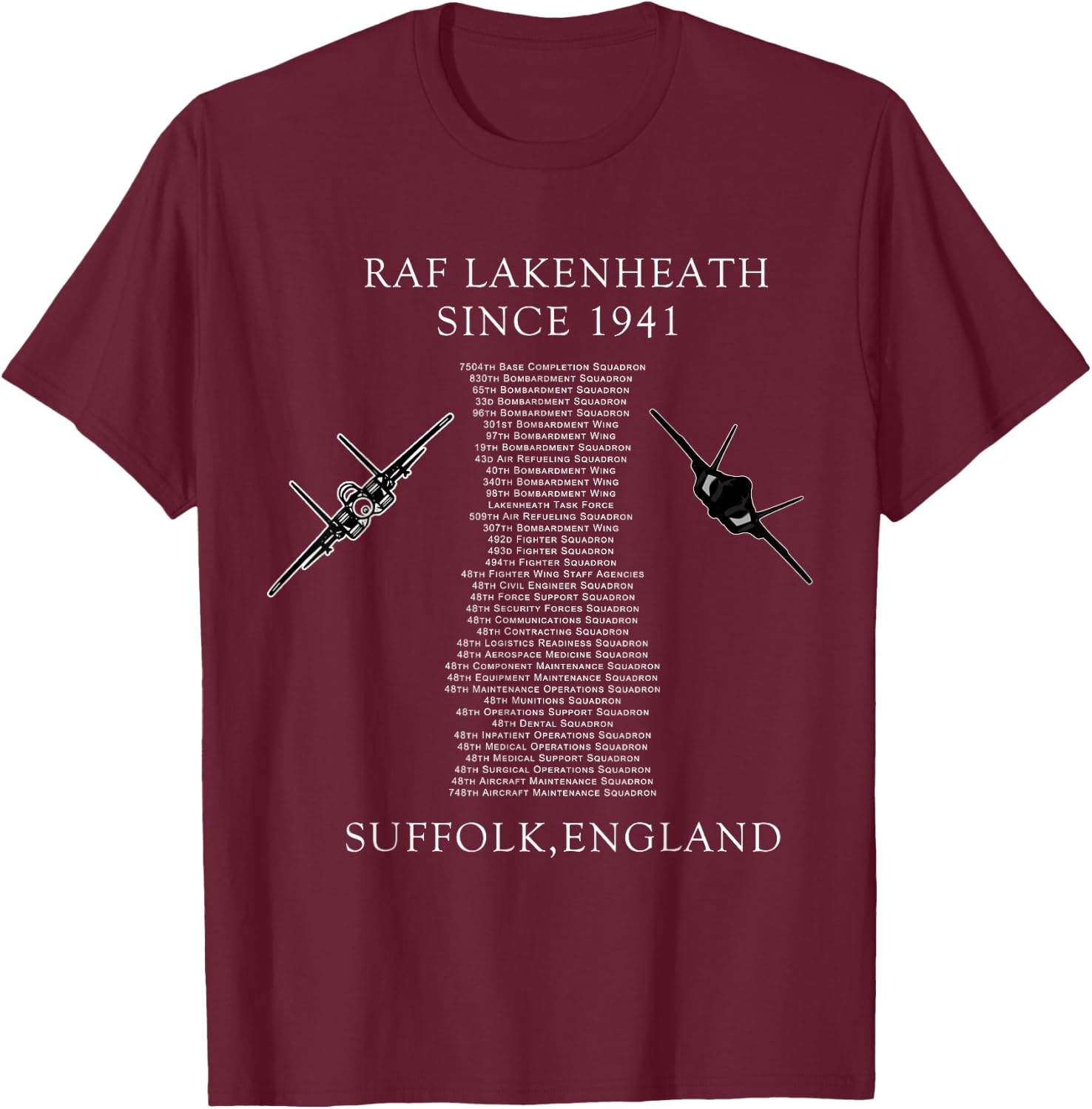 Military Surplus+ RAF Lakenheath Squadrons - Men's Black Classic Fit Short Sleeve - Adult Size Small T-Shirt - T-Shirt | Maroon