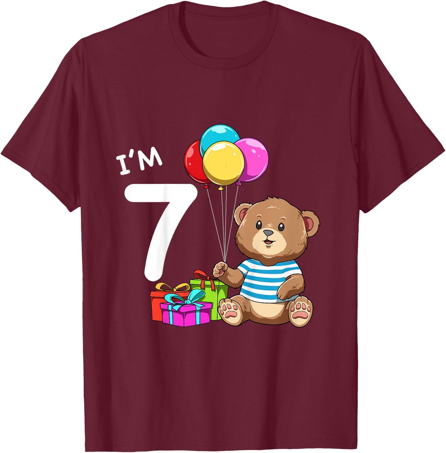 Kids Seventh Birthday Teddy Bear - 7 Year Old Boy T-Shirt - T-Shirt | Maroon