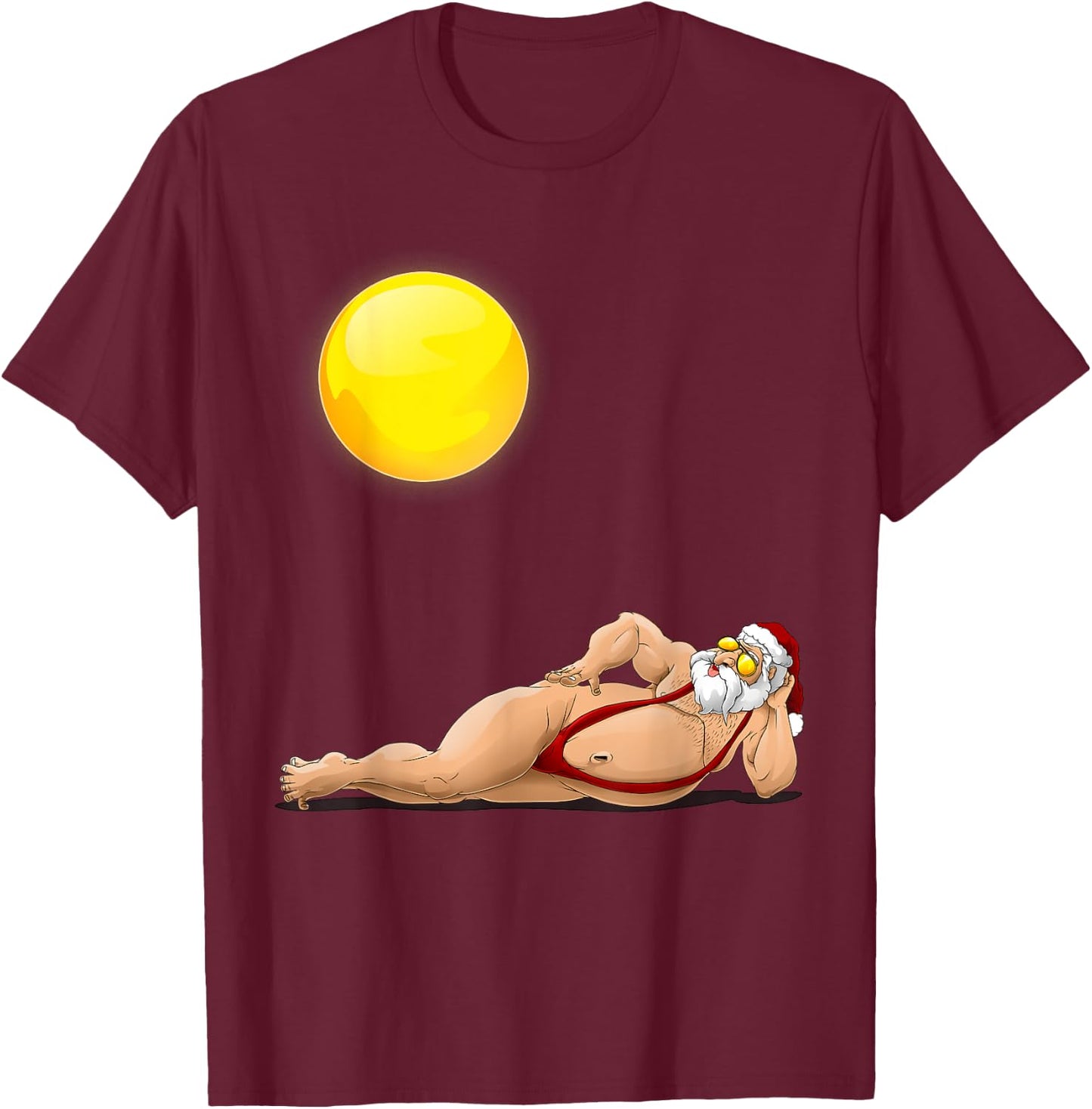 Funny Santa Sunbathing Red Mankini | Cool Beach Summer Gift T-Shirt - T-Shirt | Maroon