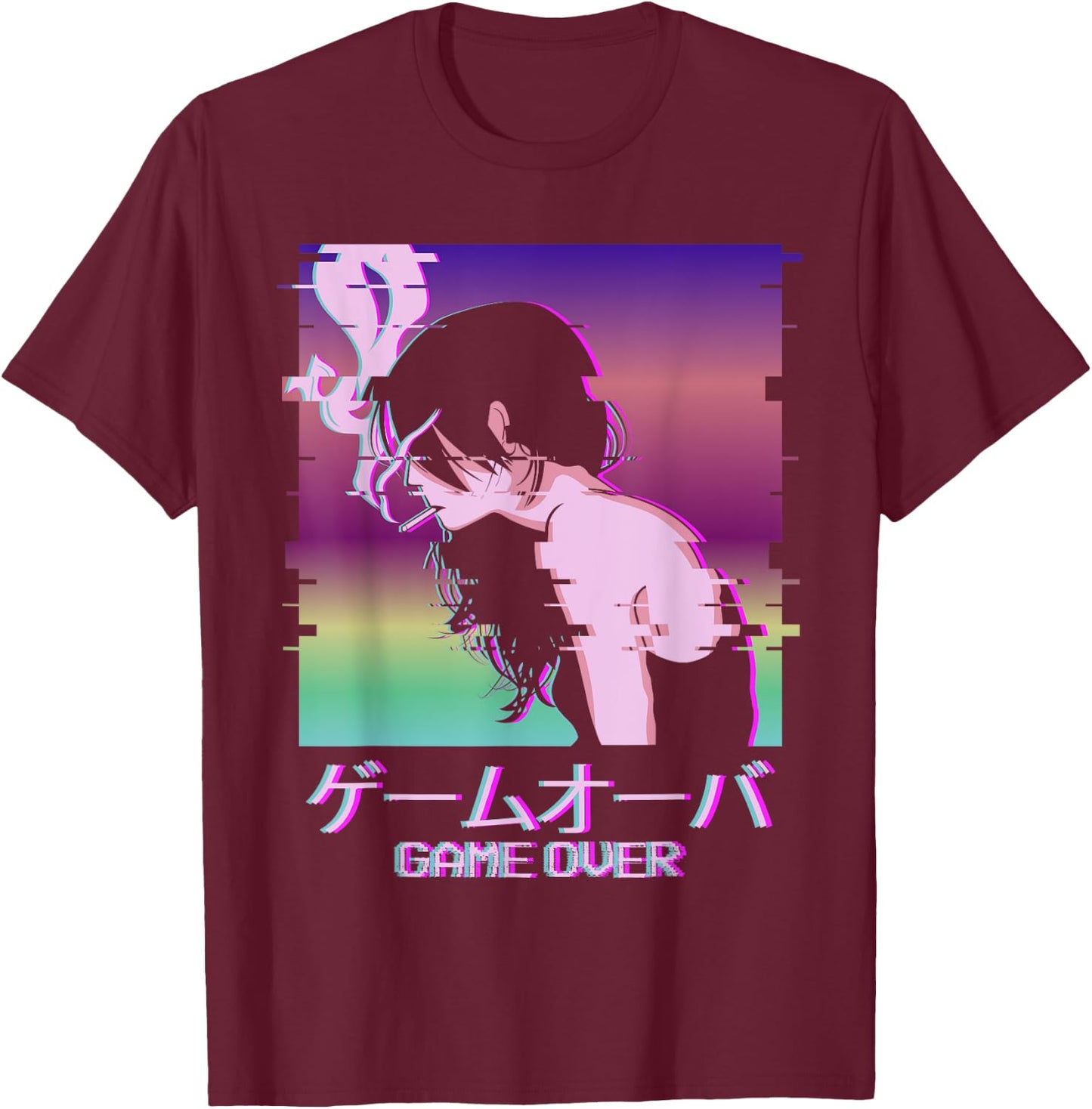 Japanese Vaporwave Sad Anime Girl Game Over Indie Aesthetic T-Shirt - T-Shirt | Maroon