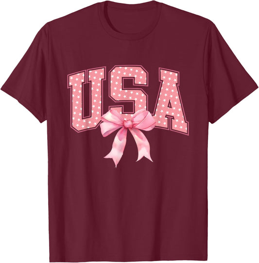 USA Pink US Flag Patriotic 4th of July America Women Girls T-Shirt - T-Shirt | Maroon