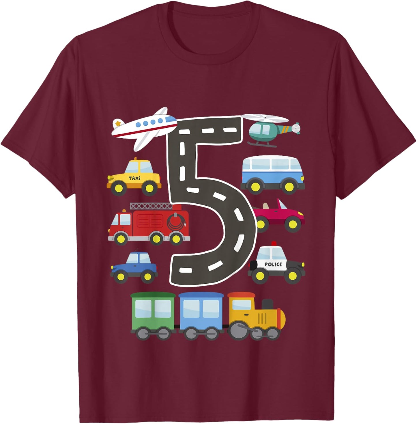 5 Year Old Transportation Birthday Car Train Plane 5th Gift T-Shirt - T-Shirt | Maroon