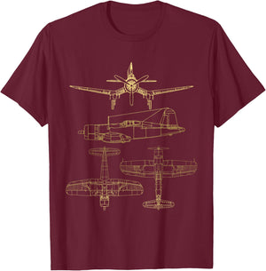 Corsair F4U WW2 Plane Warbird Blueprint Schematics Diagram T-Shirt - T-Shirt | Maroon