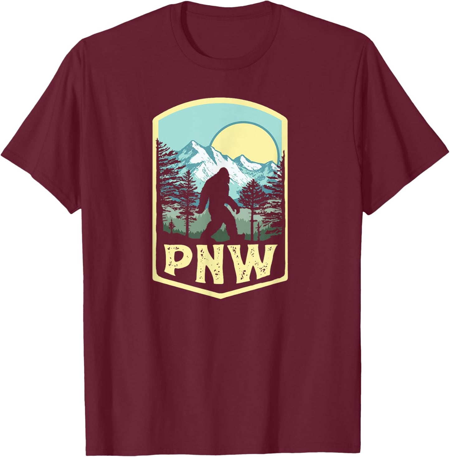 Vintage PNW Bigfoot Outdoor Badge Mountains & Trees T-Shirt - T-Shirt | Maroon