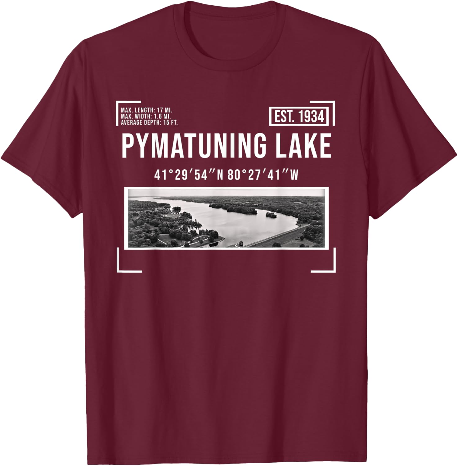 Pymatuning Lake Reservoir Black and White Photography OH PA T-Shirt - T-Shirt | Maroon