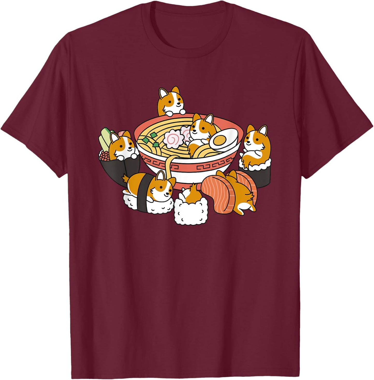 Ramen Sushi Corgi Dog T-Shirt - T-Shirt | Maroon