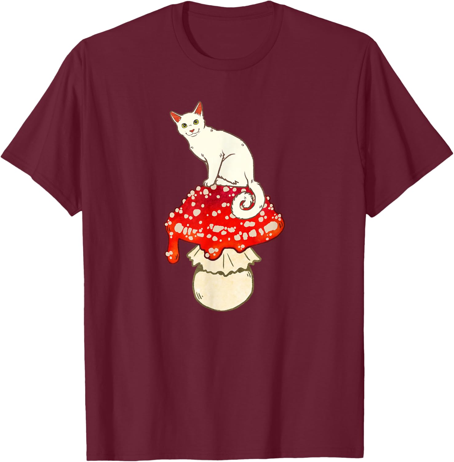 Cute White Cat Sitting on Red Spotted Mushroom T-Shirt - T-Shirt | Maroon