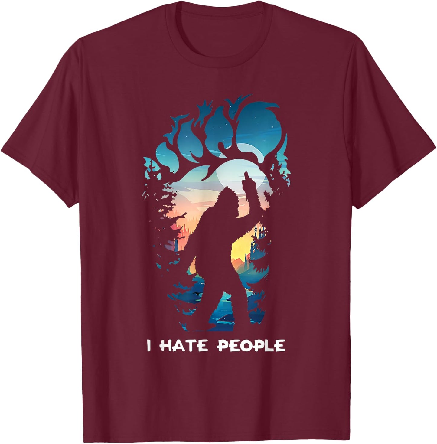 Alien Bigfoot Middle Finger I Hate People Abduction Colorful T-Shirt - T-Shirt | Maroon