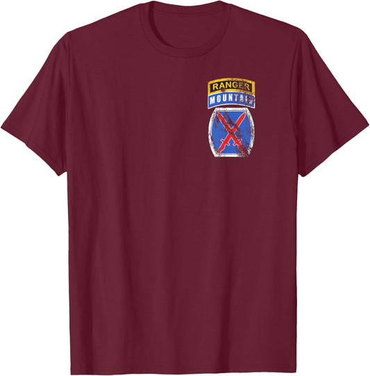 10th Mountain MTN Division Patch with Ranger Tab Distressed T-Shirt - T-Shirt | Maroon