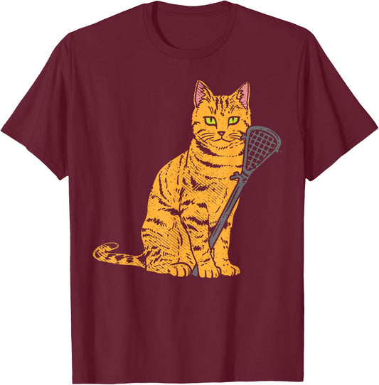 Cat Lacrosse Stick Cute Animal Pet Lax Player Coach Gift Women Kids T-Shirt - T-Shirt | Maroon